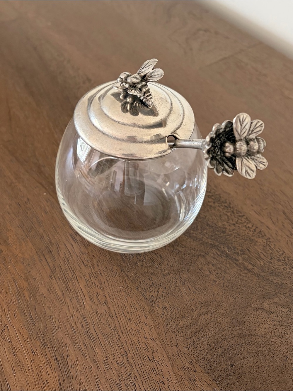 Glass Honey Pot with Silver Bee Lid and Spoon